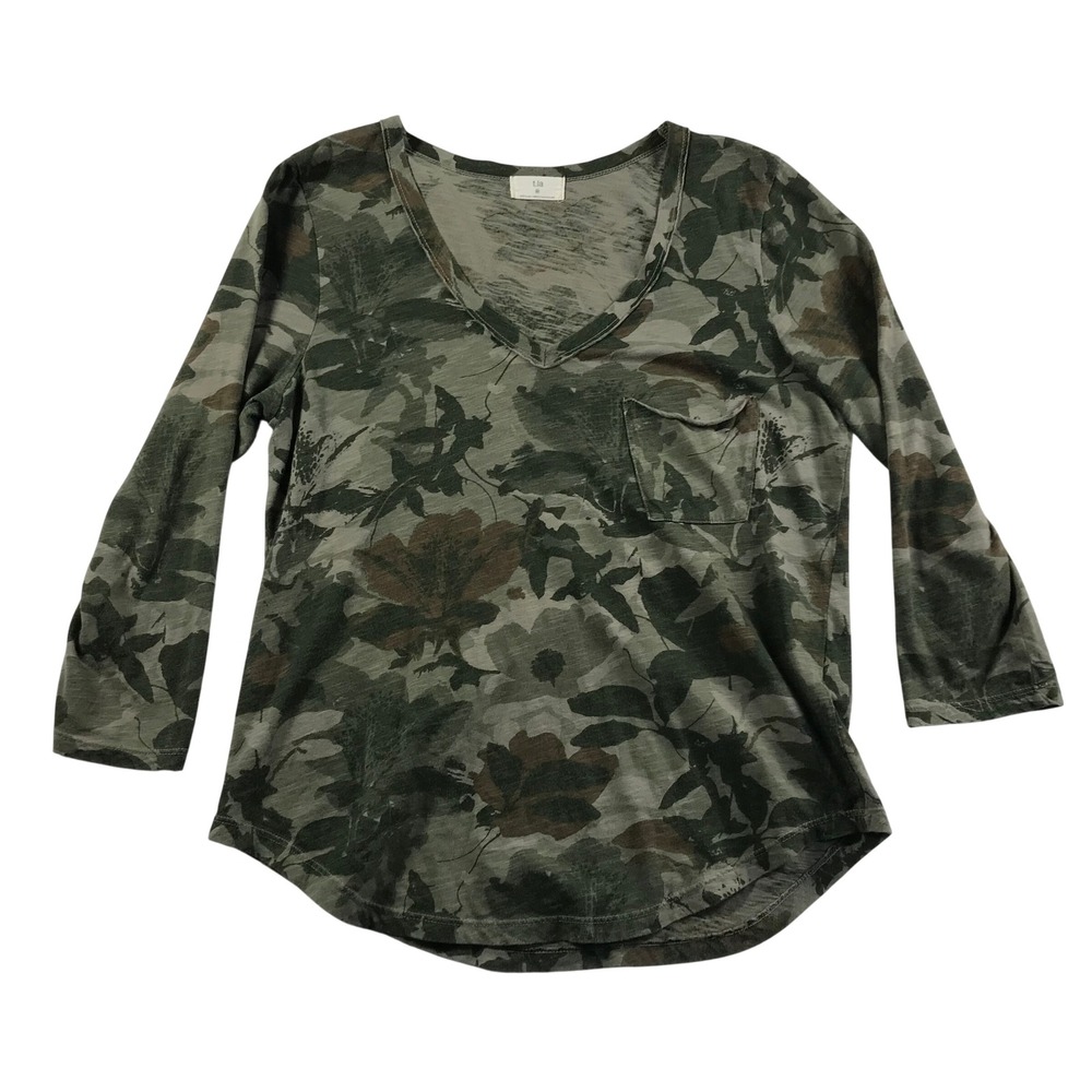 t.la Anthropologie Womens Camo Floral V-Neck 3/4 Sleeve Pocket Tee Green Medium